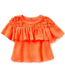 Gb Girls Orange/Coral Floral Neck Ruffle Sleeve Top 
